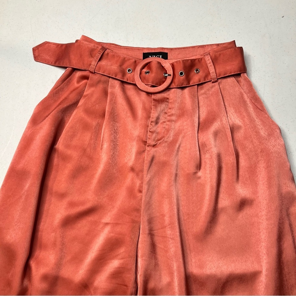 Vici Wide Leg Coral-Peach Silky Pants with Circular Buckle Belt - Picture 14 of 15